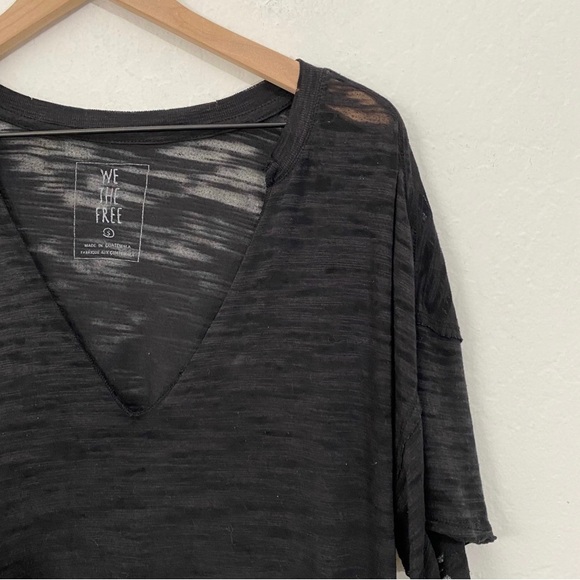 Free People Women’s S Black Semi Sheer Distressed Deep V Neck Oversized T Shirt - Picture 3 of 9